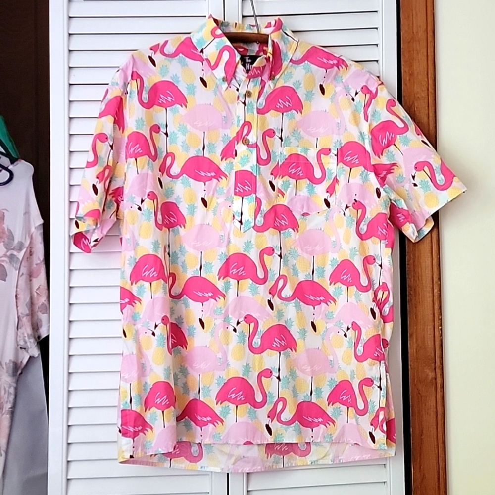 The Nutter Made in the USA Flamingo/Pineapple Collared Tee Shirt